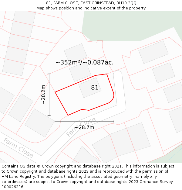 81, FARM CLOSE, EAST GRINSTEAD, RH19 3QQ: Plot and title map