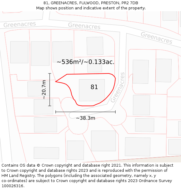 81, GREENACRES, FULWOOD, PRESTON, PR2 7DB: Plot and title map