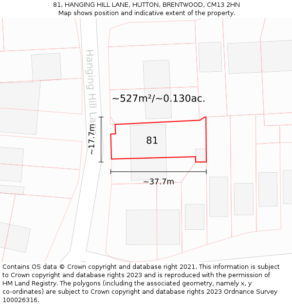 81, HANGING HILL LANE, HUTTON, BRENTWOOD, CM13 2HN: Plot and title map