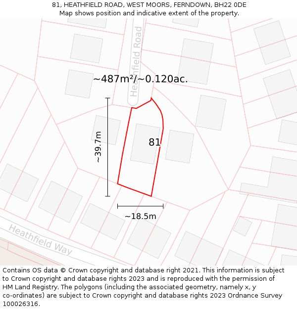 81, HEATHFIELD ROAD, WEST MOORS, FERNDOWN, BH22 0DE: Plot and title map