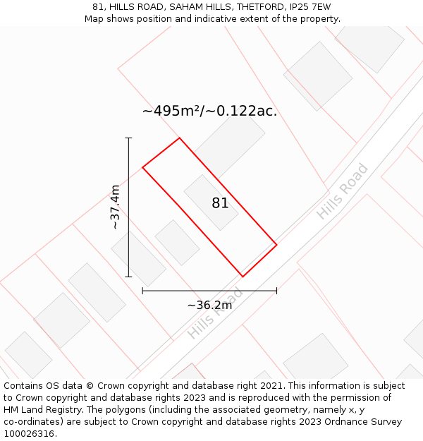 81, HILLS ROAD, SAHAM HILLS, THETFORD, IP25 7EW: Plot and title map