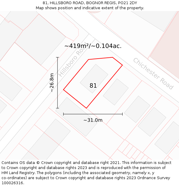 81, HILLSBORO ROAD, BOGNOR REGIS, PO21 2DY: Plot and title map