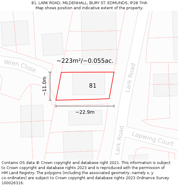 81, LARK ROAD, MILDENHALL, BURY ST. EDMUNDS, IP28 7HA: Plot and title map