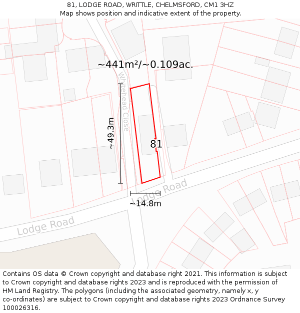 81, LODGE ROAD, WRITTLE, CHELMSFORD, CM1 3HZ: Plot and title map