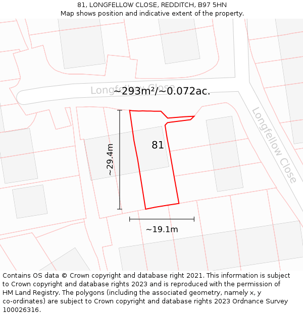 81, LONGFELLOW CLOSE, REDDITCH, B97 5HN: Plot and title map