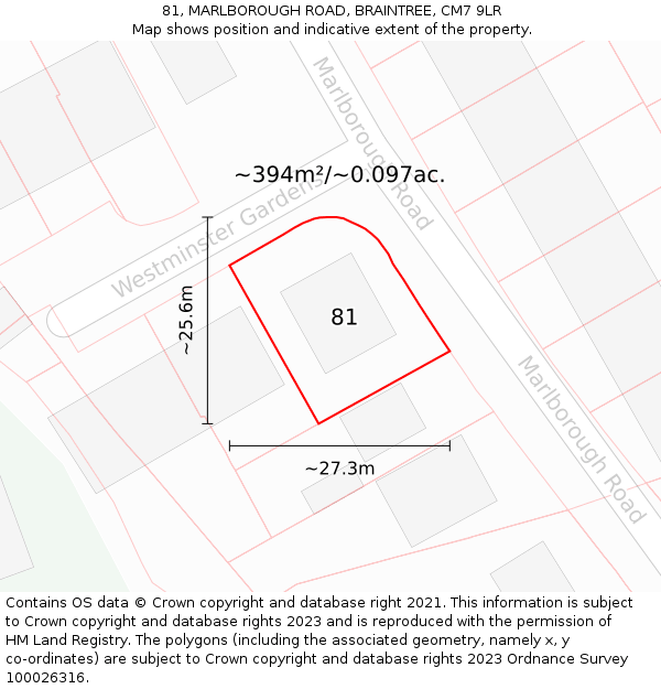 81, MARLBOROUGH ROAD, BRAINTREE, CM7 9LR: Plot and title map