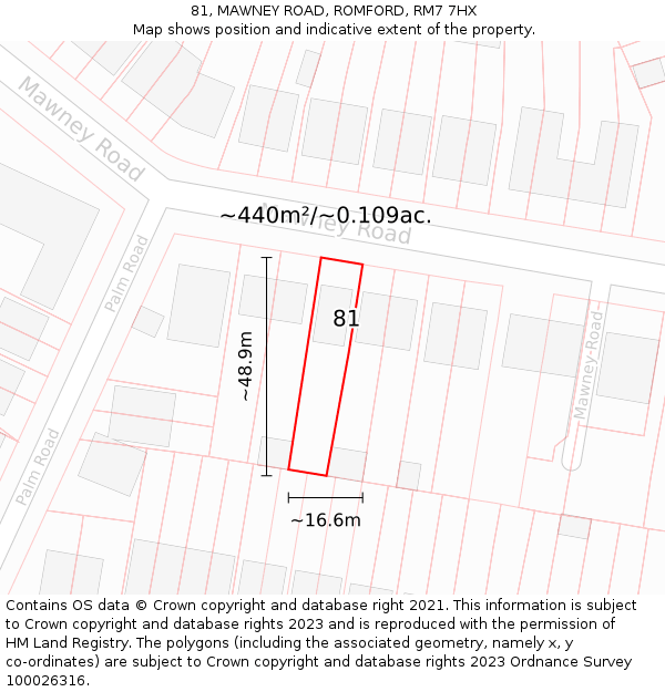 81, MAWNEY ROAD, ROMFORD, RM7 7HX: Plot and title map