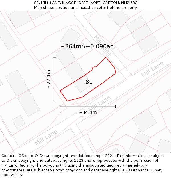 81, MILL LANE, KINGSTHORPE, NORTHAMPTON, NN2 6RQ: Plot and title map