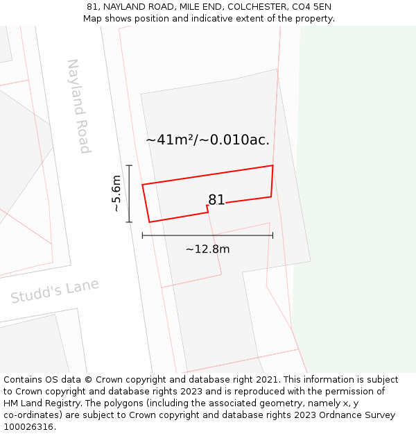 81, NAYLAND ROAD, MILE END, COLCHESTER, CO4 5EN: Plot and title map