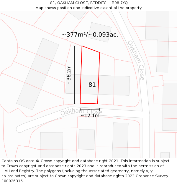 81, OAKHAM CLOSE, REDDITCH, B98 7YQ: Plot and title map