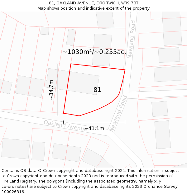 81, OAKLAND AVENUE, DROITWICH, WR9 7BT: Plot and title map