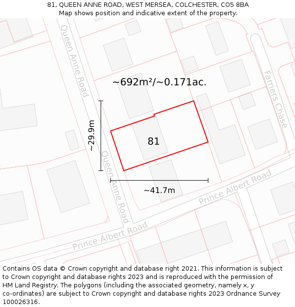 81, QUEEN ANNE ROAD, WEST MERSEA, COLCHESTER, CO5 8BA: Plot and title map