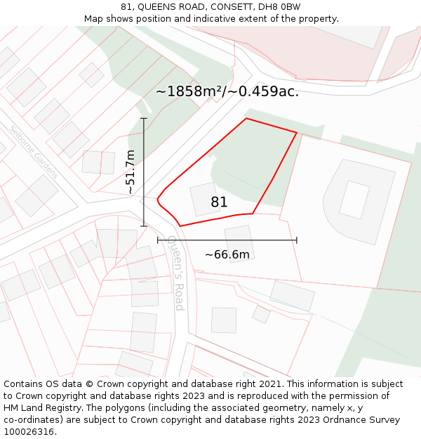 81, QUEENS ROAD, CONSETT, DH8 0BW: Plot and title map