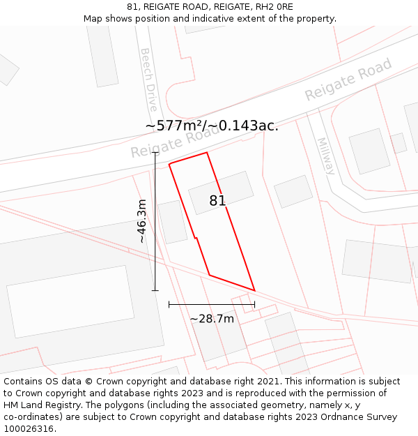 81, REIGATE ROAD, REIGATE, RH2 0RE: Plot and title map