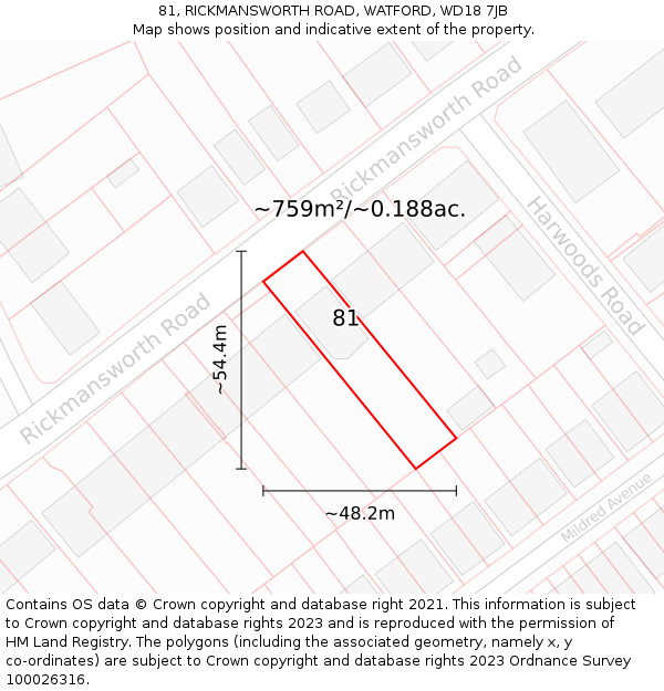 81, RICKMANSWORTH ROAD, WATFORD, WD18 7JB: Plot and title map