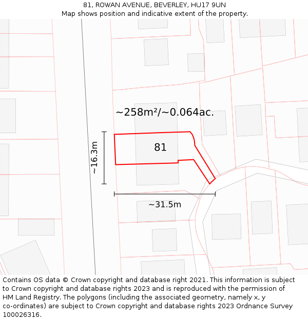 81, ROWAN AVENUE, BEVERLEY, HU17 9UN: Plot and title map