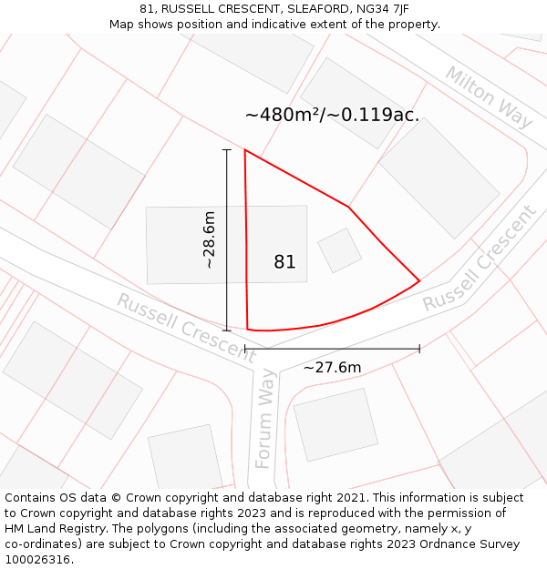 81, RUSSELL CRESCENT, SLEAFORD, NG34 7JF: Plot and title map