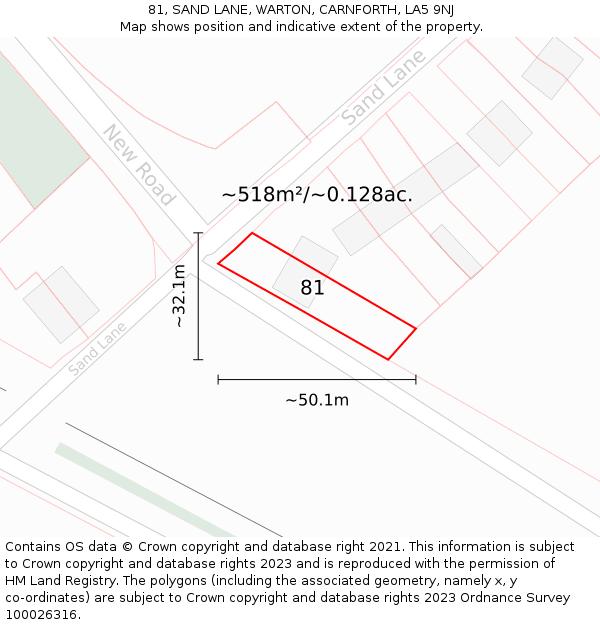 81, SAND LANE, WARTON, CARNFORTH, LA5 9NJ: Plot and title map