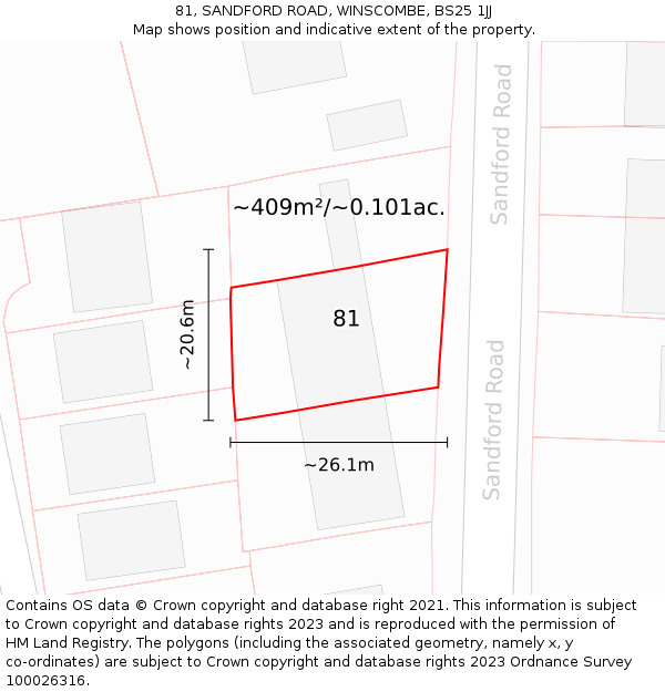 81, SANDFORD ROAD, WINSCOMBE, BS25 1JJ: Plot and title map