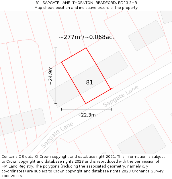 81, SAPGATE LANE, THORNTON, BRADFORD, BD13 3HB: Plot and title map