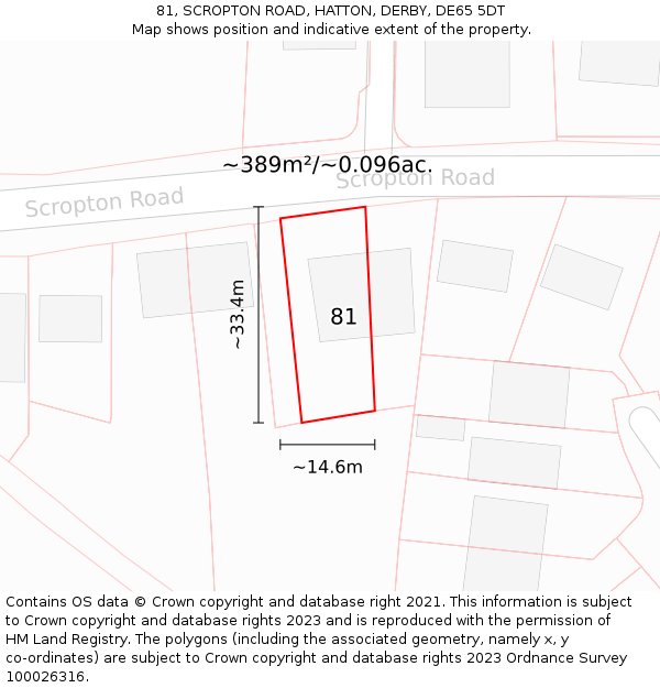 81, SCROPTON ROAD, HATTON, DERBY, DE65 5DT: Plot and title map