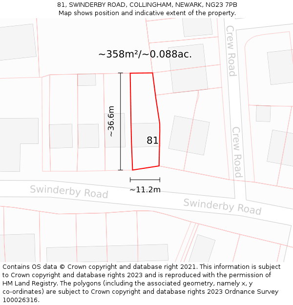 81, SWINDERBY ROAD, COLLINGHAM, NEWARK, NG23 7PB: Plot and title map