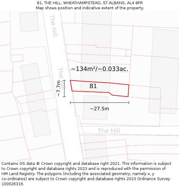 81, THE HILL, WHEATHAMPSTEAD, ST ALBANS, AL4 8PR: Plot and title map