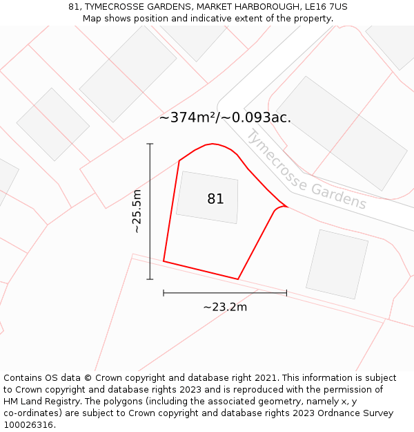81, TYMECROSSE GARDENS, MARKET HARBOROUGH, LE16 7US: Plot and title map