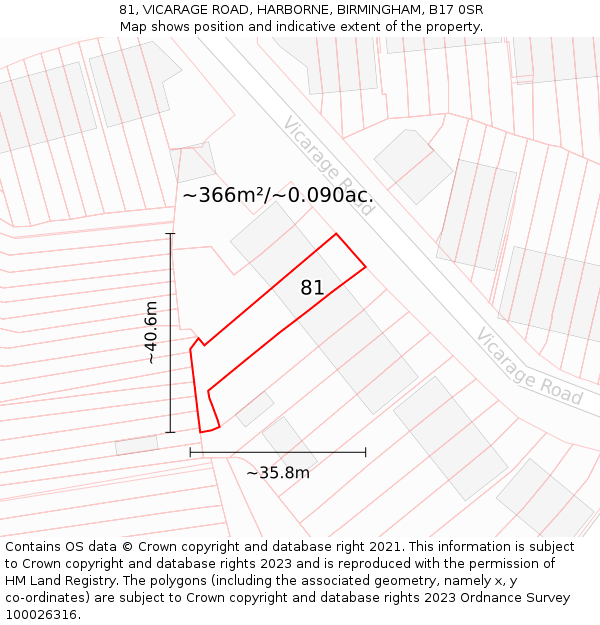 81, VICARAGE ROAD, HARBORNE, BIRMINGHAM, B17 0SR: Plot and title map