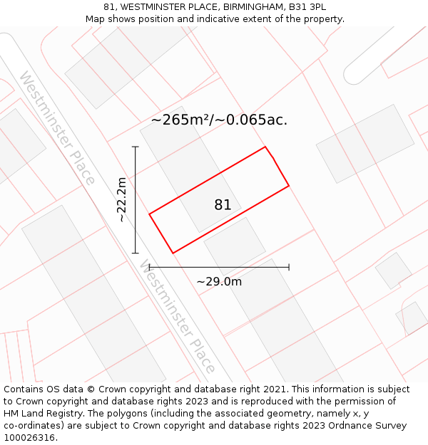 81, WESTMINSTER PLACE, BIRMINGHAM, B31 3PL: Plot and title map