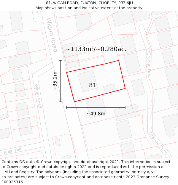 81, WIGAN ROAD, EUXTON, CHORLEY, PR7 6JU: Plot and title map