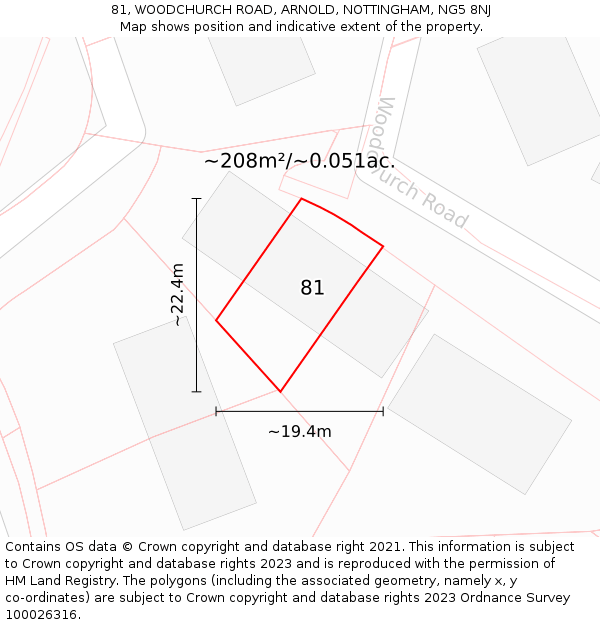 81, WOODCHURCH ROAD, ARNOLD, NOTTINGHAM, NG5 8NJ: Plot and title map