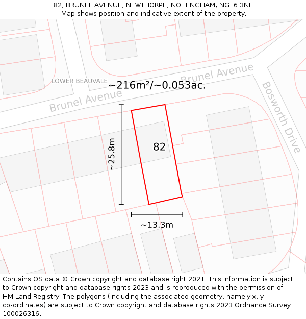 82, BRUNEL AVENUE, NEWTHORPE, NOTTINGHAM, NG16 3NH: Plot and title map