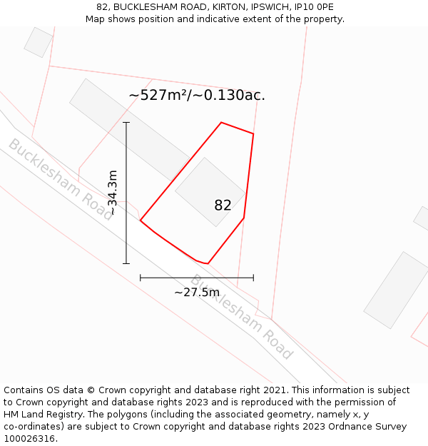 82, BUCKLESHAM ROAD, KIRTON, IPSWICH, IP10 0PE: Plot and title map