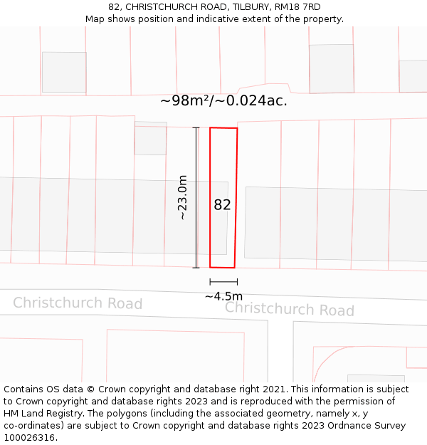 82, CHRISTCHURCH ROAD, TILBURY, RM18 7RD: Plot and title map