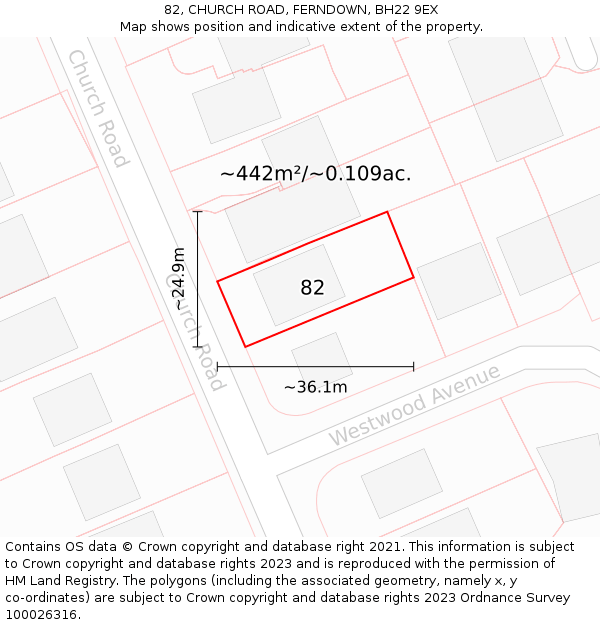 82, CHURCH ROAD, FERNDOWN, BH22 9EX: Plot and title map