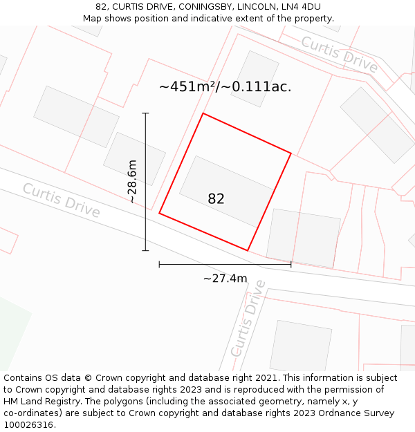 82, CURTIS DRIVE, CONINGSBY, LINCOLN, LN4 4DU: Plot and title map