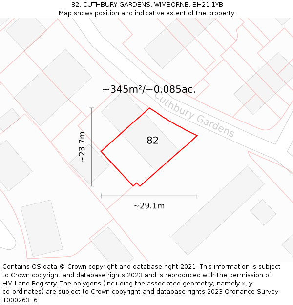 82, CUTHBURY GARDENS, WIMBORNE, BH21 1YB: Plot and title map