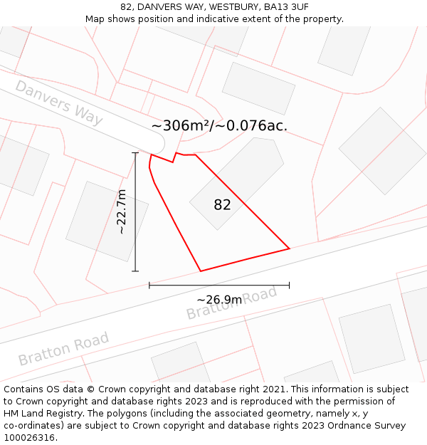 82, DANVERS WAY, WESTBURY, BA13 3UF: Plot and title map