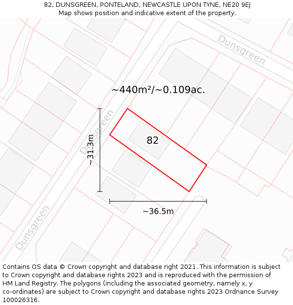 82, DUNSGREEN, PONTELAND, NEWCASTLE UPON TYNE, NE20 9EJ: Plot and title map