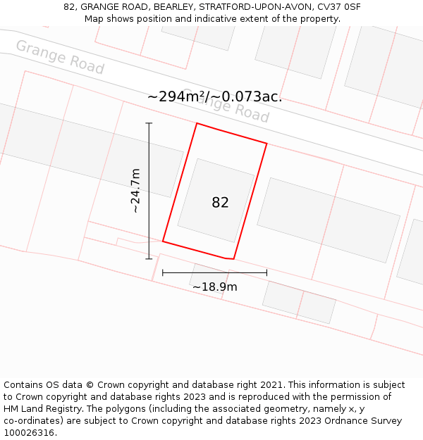 82, GRANGE ROAD, BEARLEY, STRATFORD-UPON-AVON, CV37 0SF: Plot and title map