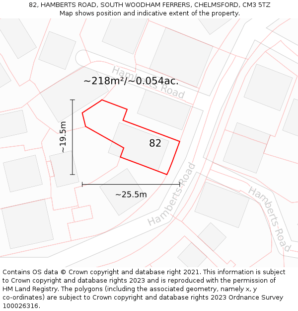 82, HAMBERTS ROAD, SOUTH WOODHAM FERRERS, CHELMSFORD, CM3 5TZ: Plot and title map