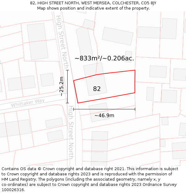 82, HIGH STREET NORTH, WEST MERSEA, COLCHESTER, CO5 8JY: Plot and title map