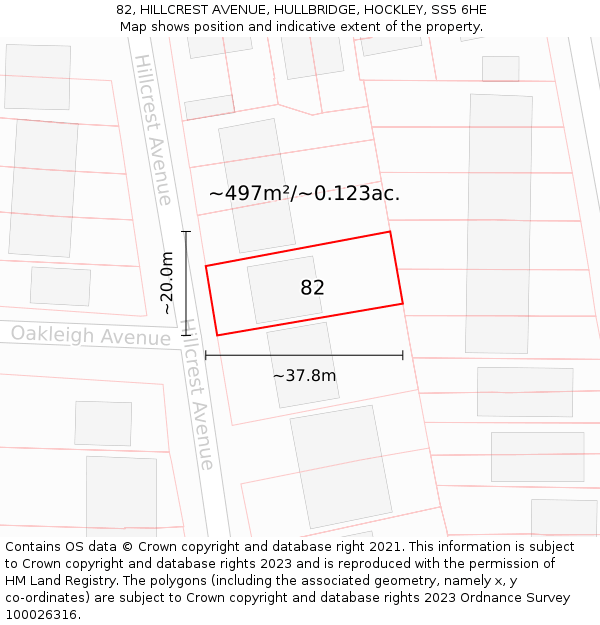 82, HILLCREST AVENUE, HULLBRIDGE, HOCKLEY, SS5 6HE: Plot and title map