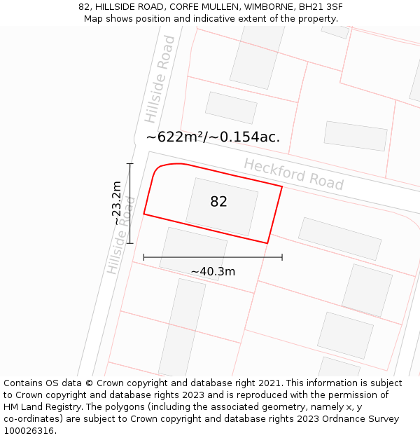 82, HILLSIDE ROAD, CORFE MULLEN, WIMBORNE, BH21 3SF: Plot and title map