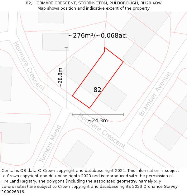 82, HORMARE CRESCENT, STORRINGTON, PULBOROUGH, RH20 4QW: Plot and title map