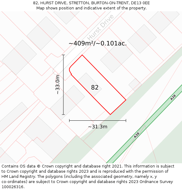 82, HURST DRIVE, STRETTON, BURTON-ON-TRENT, DE13 0EE: Plot and title map