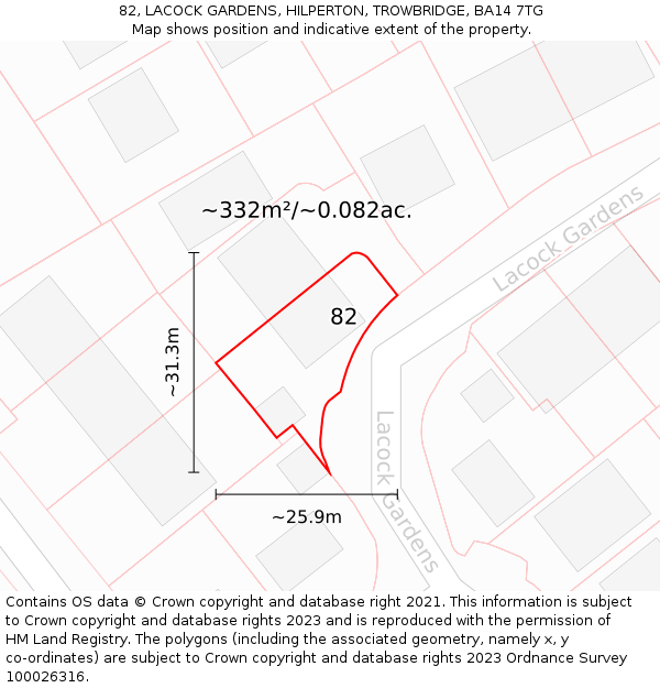 82, LACOCK GARDENS, HILPERTON, TROWBRIDGE, BA14 7TG: Plot and title map