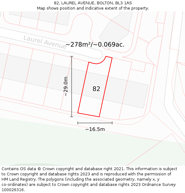 82, LAUREL AVENUE, BOLTON, BL3 1AS: Plot and title map