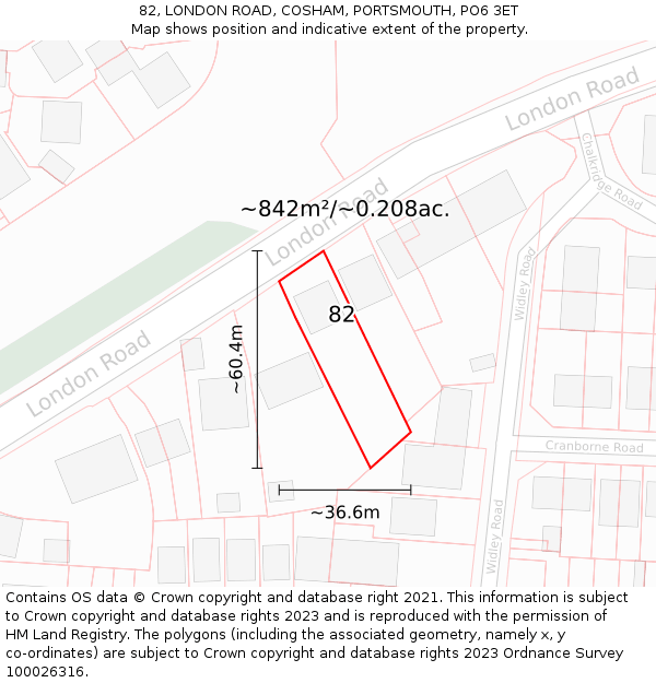 82, LONDON ROAD, COSHAM, PORTSMOUTH, PO6 3ET: Plot and title map